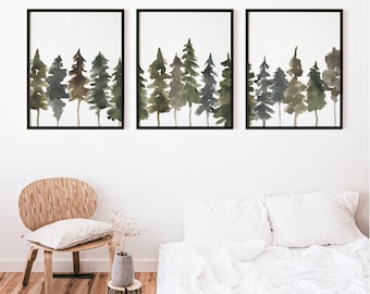 Pine Tree Art Scandinavian Decor Forest Nordic Evergreen Winter Triptych | "Pine Tree Line Watercolor" - Set of 3 - Art Prints or Canvases