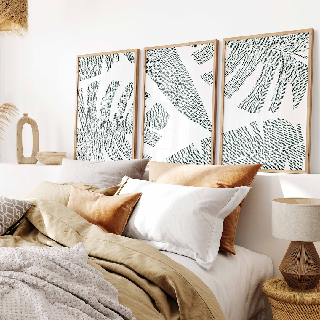 Tropical Wall Art Palm Leaf Print Set Triptych Green Modern Minimalist