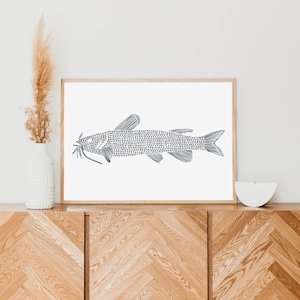 Lake Fish Art | Catfish Decor Modern Minimalist Fishing Gift Idea for Fisherman | &quot;Catfish in Circles&quot; - Art Print or Canvas