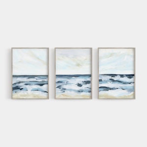 Modern Coastal Decor Ocean Print Blue & White Seascape Beach House Triptych | "Blue Seascape Horizon" - Set of 3 - Art Prints or Canvases