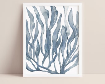 Coastal Wall Art Blue Watercolor Seaweed Ocean Botanicals Hamptons Art | "Blue Watercolor Seaweed Painting No. 1"  - Art Print or Canvas