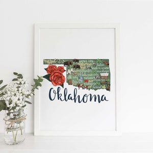 Oklahoma Print Map Home State Gift Hometown Decor Landmark Illustrated Wall Art Print or Canvas