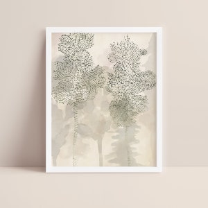 May include: A framed abstract art print featuring two stylized trees in shades of green and gray on a beige background.