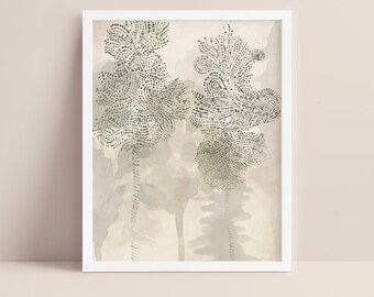 Misty Forest Art Tree Painting Watercolor Decor Woodland Oak Tree Wall Art | "Misty Forest Oak Trees" - Art Print or Canvas