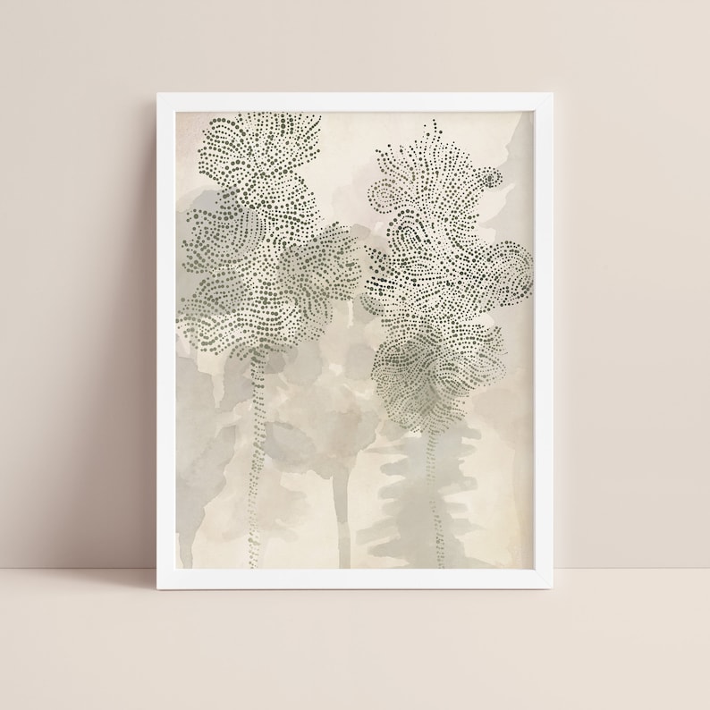 May include: A framed abstract art print featuring two stylized trees in shades of green and gray on a beige background.