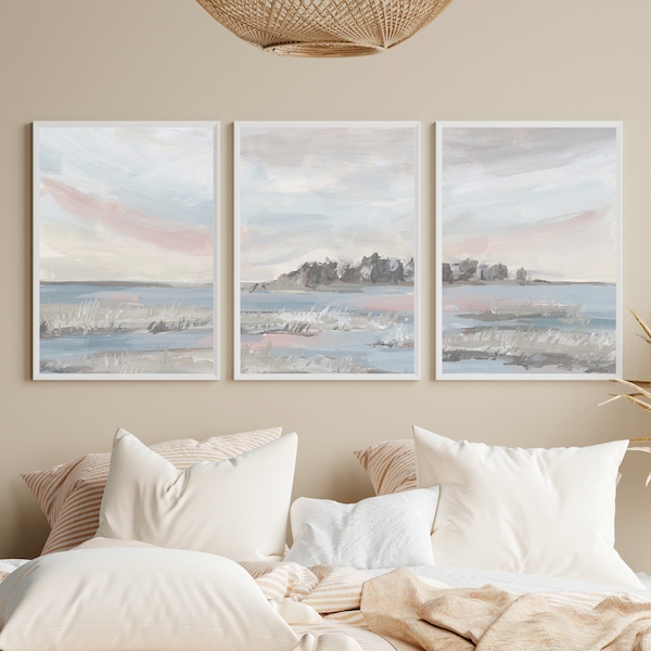 Low Country Painting Modern Carolina Southern Beach Coastal Decor Triptych Art | "Marsh Sunrise" - Set of 3 - Wall Art Prints or Canvases