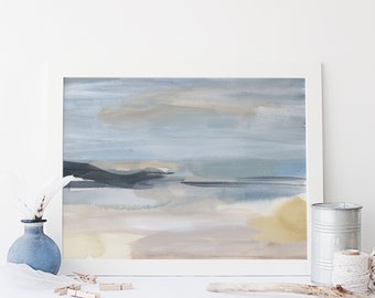 Abstract Landscape Painting Coastal Wall Art Beach Print  Modern House Decor Blue and Beige Artwork | "The Far Coast"  - Art Print or Canvas