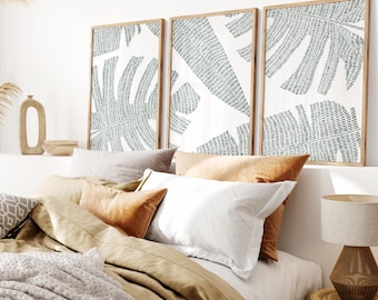 Tropical Wall Art | Palm Leaf Print Set in Green, Modern Minimalist Decor Triptych | "Tropical Botanicals" - Set of 3 Art Prints or Canvases