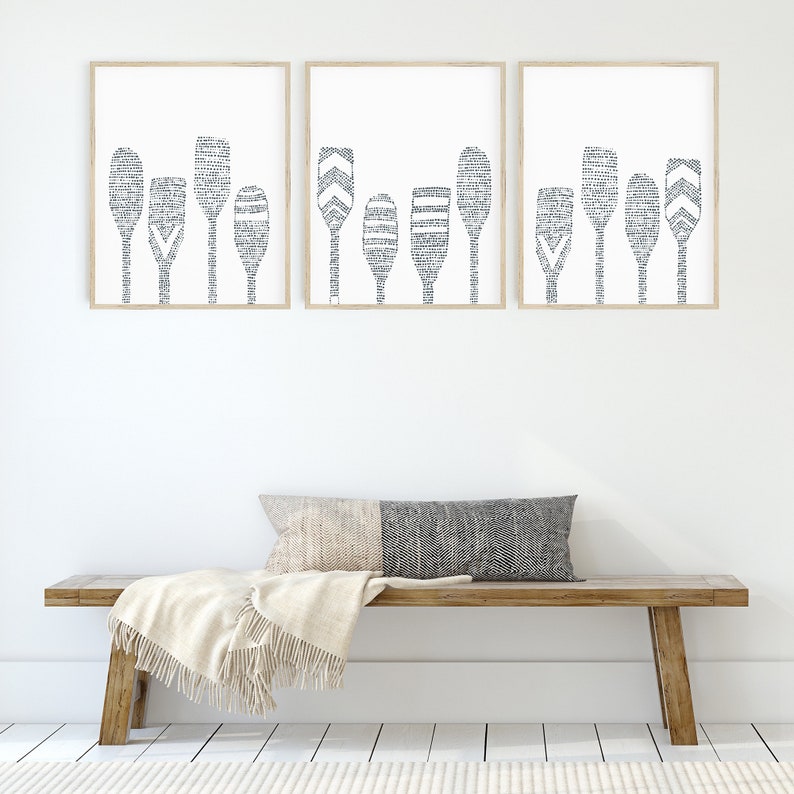 Lake House Decor Paddle Print Set Oar Modern Lakehouse Beach Coastal Triptych Lake House Oar Paddles Set of 3 Art Prints or Canvases image 3