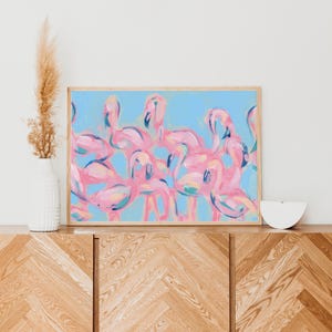Pink Flamingo Wall Decor | Horizontal Coastal Bird Art for Florida Beach House or Bedroom | &quot;Flamingo Drift&quot; – Art Print or Canvas