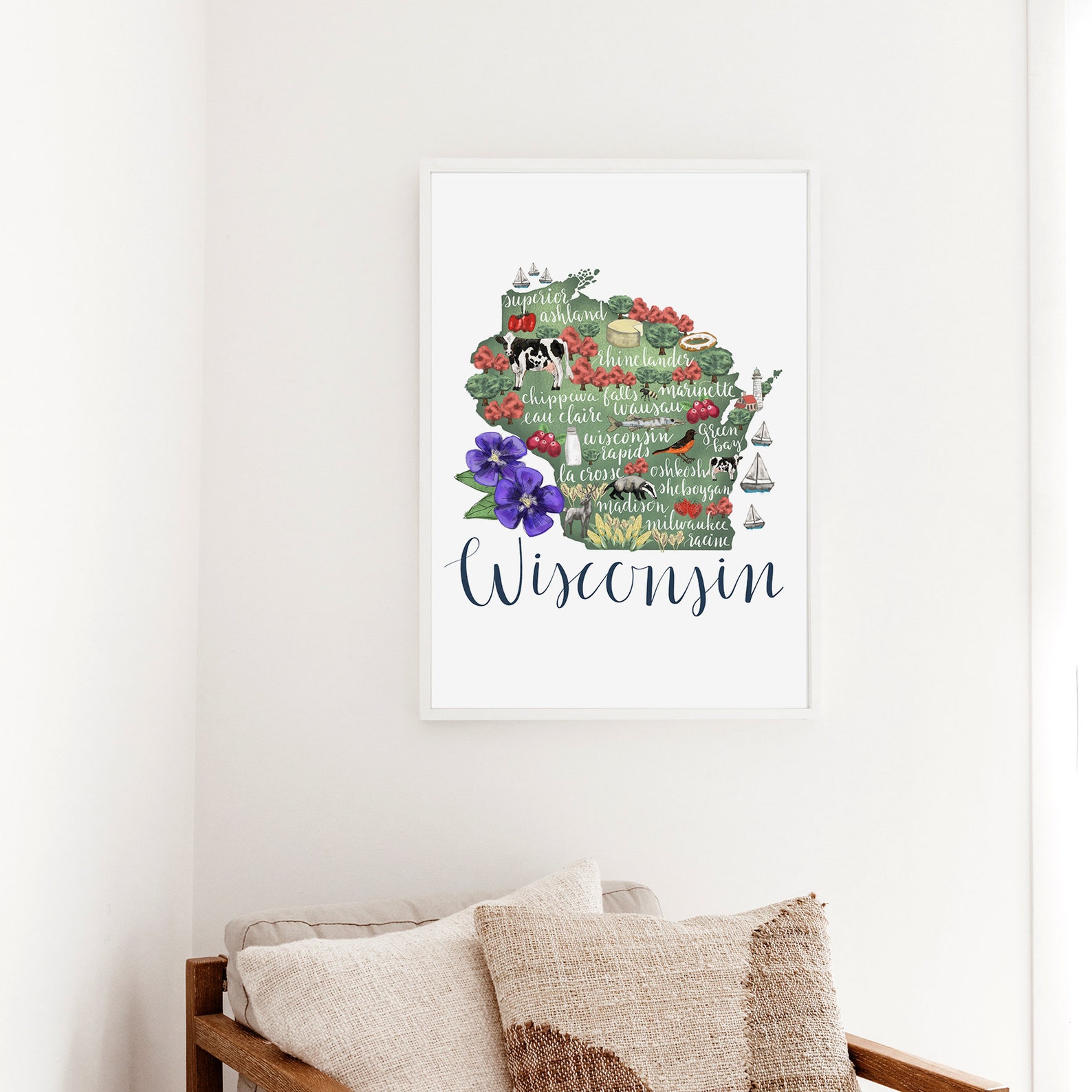 Wisconsin State Map Gift | Home Town Landmark Illustrated Wall Art ...
