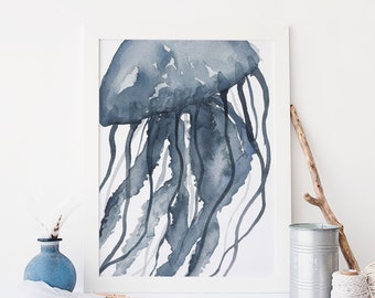 Jellyfish Poster Navy Blue Watercolor Painting Coastal Decor Wall Art | "Blue Watercolor Jellyfish No. 2"  - Art Print or Canvas