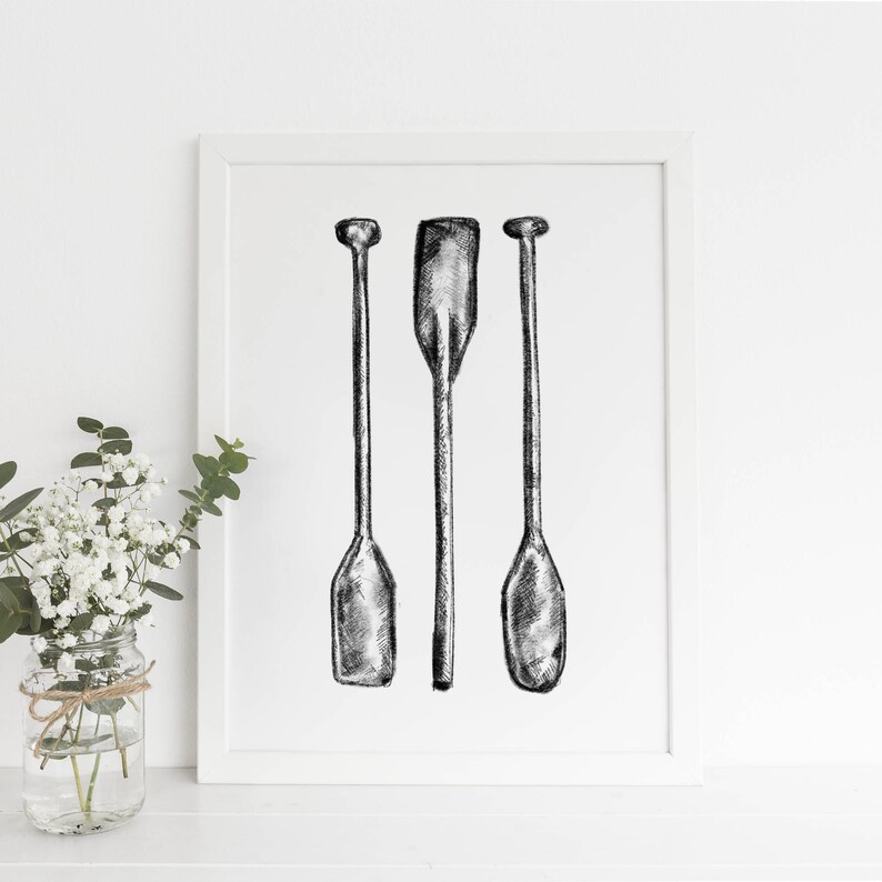 Oar Wooden Paddle Illustration Decor Black and White Lakehouse Etsy