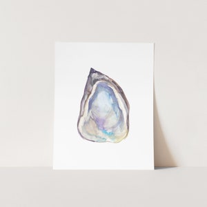 May include: Watercolor painting of a single oyster shell with a purple, blue, and white iridescent interior.