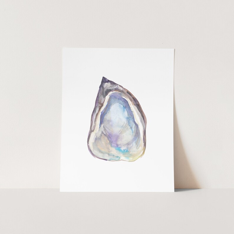May include: Watercolor painting of a single oyster shell with a purple, blue, and white iridescent interior.
