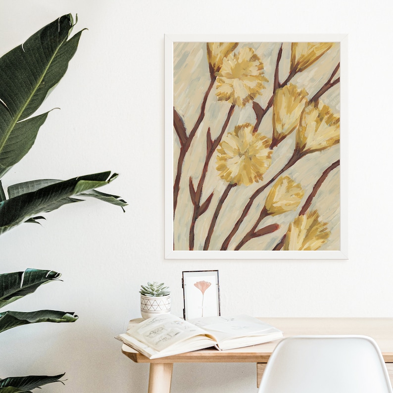 May include: A digital painting of a floral arrangement with yellow flowers and brown stems on a light blue background.