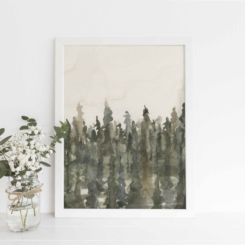 Forest Painting Tree Line Art Print Ethereal Fog Misty Woodland Giclee Art Forest Watercolor Landscape, No. 4 Art Print or Canvas image 3