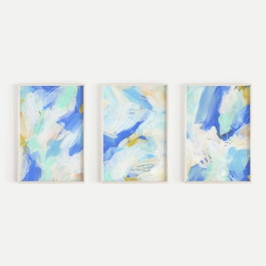 Abstract Print Set Modern Beach Bright Coastal Paintings Blue Mint Beige Triptych | "A Montauk Summer" - Set of 3 - Art Prints or Canvases