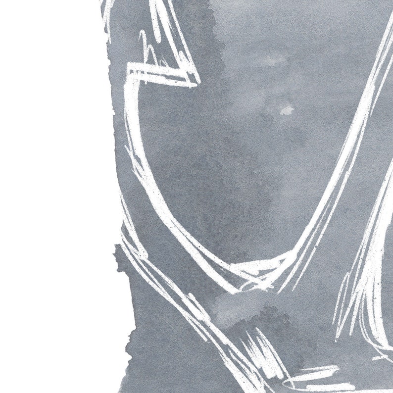 May include: Abstract watercolor painting with white lines on a gray background.