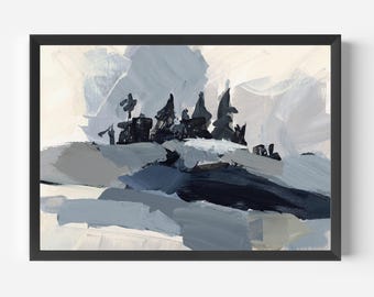 Kiefer Baum Berglandschaft | Gemälde in Grau und Beige für modernes Wohndekor | "Evergreen Ridge" - Kunstdruck oder Leinwanddruck."