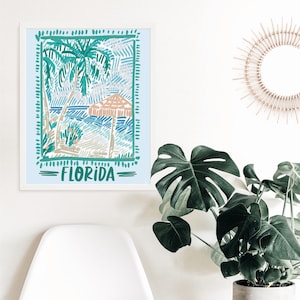 Florida Beach Wall Art | Playful Tropical Palm & Ocean Scene for Coastal Kitchen or Entryway | &quot;Florida Sunshine&quot; – Art Print or Canvas