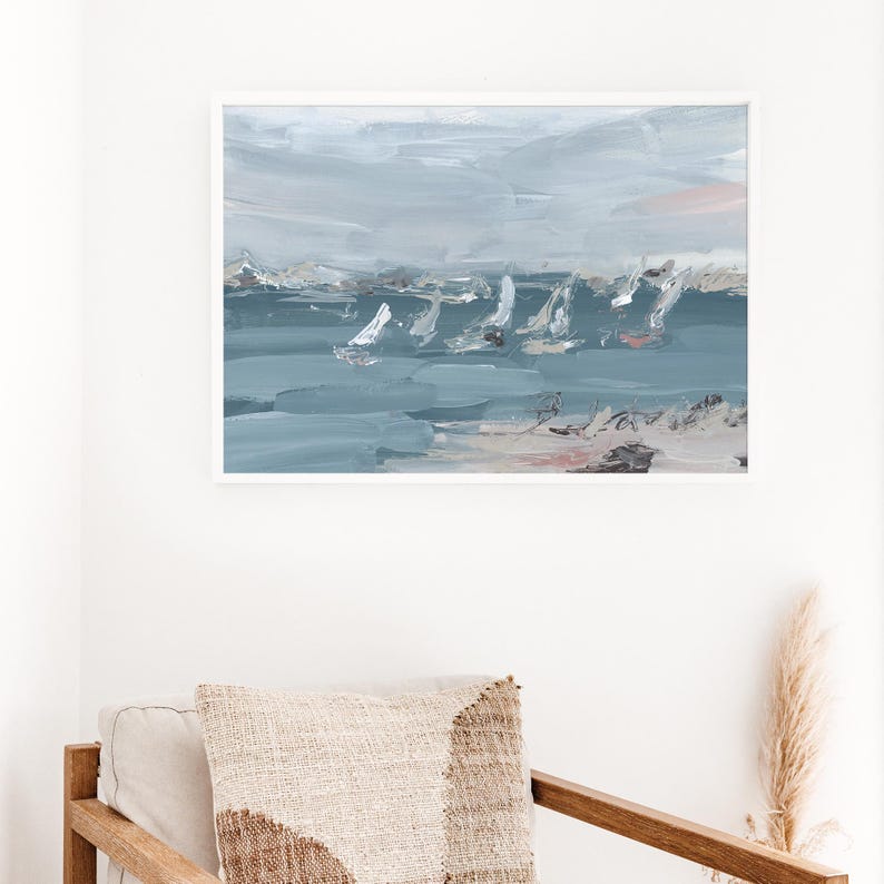 May include: Abstract painting depicting a seascape with white sailboats on a blue-grey body of water. The sky is a light grey with hints of pink.