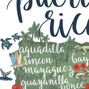 May include: A green outline of Puerto Rico with the words "aguadilla", "rincon", "mayaguez", "guayanilla", and "ponce" written inside. There are palm trees, surfboards, a whale tail, a turtle, a frog, and a lizard on the map.