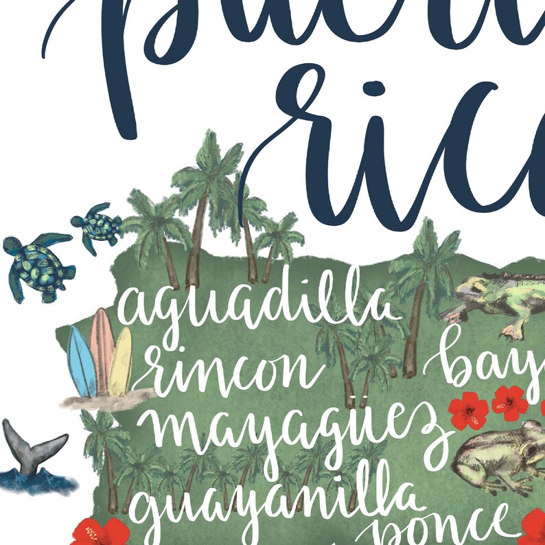 May include: A green outline of Puerto Rico with the words "aguadilla", "rincon", "mayaguez", "guayanilla", and "ponce" written inside. There are palm trees, surfboards, a whale tail, a turtle, a frog, and a lizard on the map.