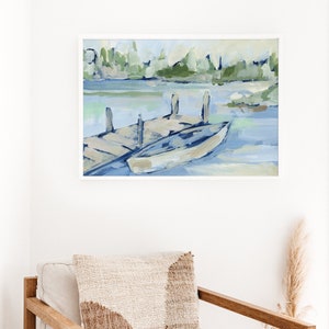 Lake Print | Modern Lakehouse Painting for Lakefront Decor with Canoe | &quot;Docking Up&quot; - Wall Art Print or Canvas