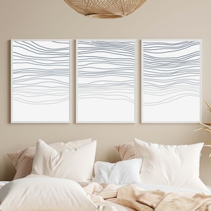 Wave Art | Blue and White Modern Minimalist Coastal Decor for Beach House Triptych | &quot;Abstract Line Waves&quot; – Set of 3 – Art Prints or Canvas