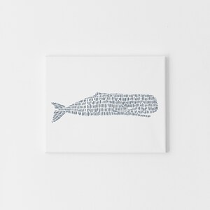 May include: A simple line drawing of a whale in shades of blue on a white canvas.