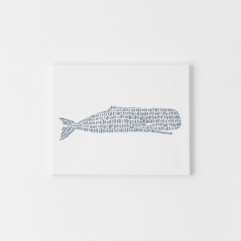 May include: A simple line drawing of a whale in shades of blue on a white canvas.