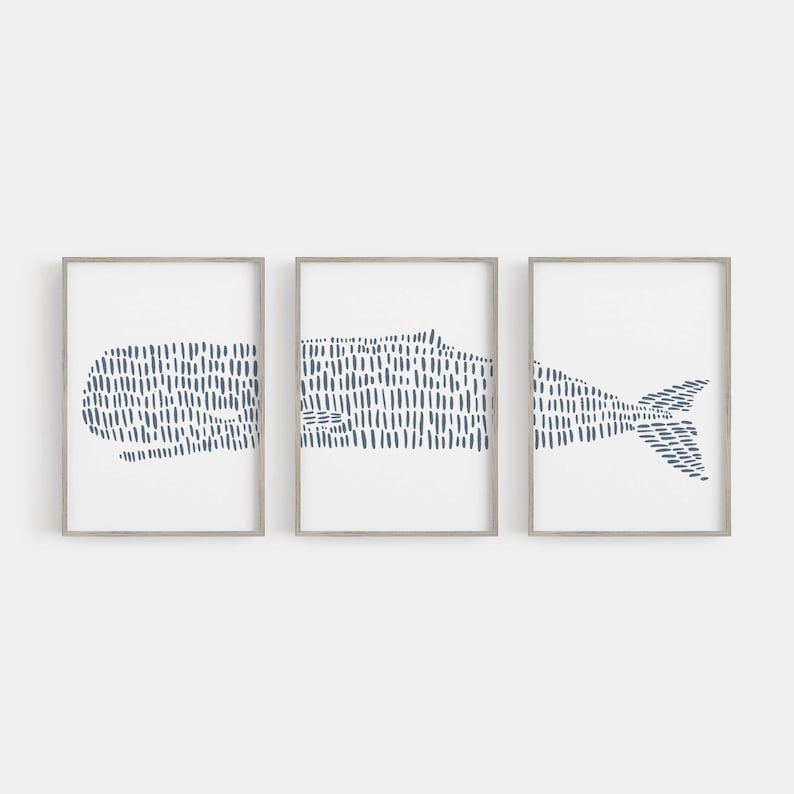 Whale Print Modern Nautical Home Decor Sperm Whale Coastal Nursery Beach Triptych Set of 3 Art Prints or Canvases 