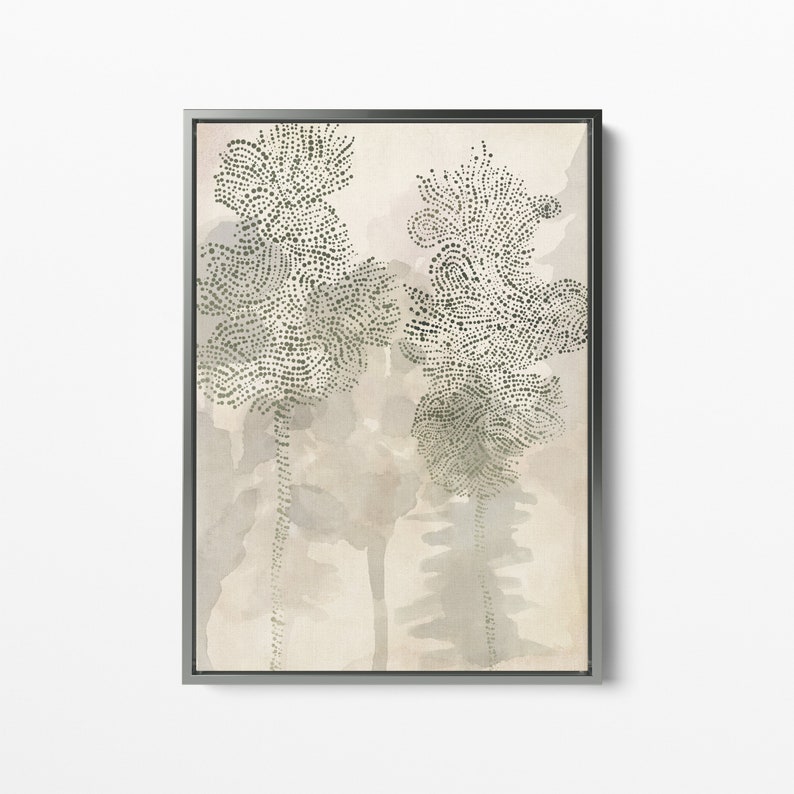 May include: A framed abstract art print with two stylized trees in shades of green and gray on a beige background.