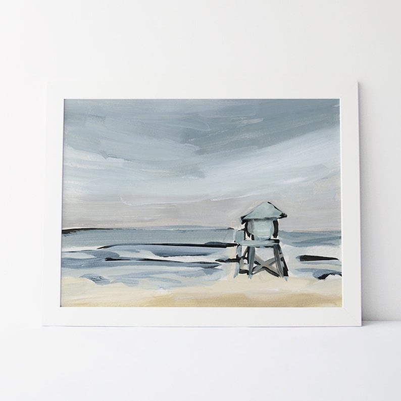 May include: A painting of a lifeguard stand on a beach with a cloudy sky. The stand is painted in shades of blue and gray, and the sky is a light blue with white clouds. The beach is a light brown color.