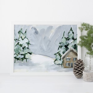 Winter Painting | Cozy Cabin Evergreen Snow Scene for Mountain Forest Wall Art | &quot;The Winter Cabin&quot; – Art Print or Canvas