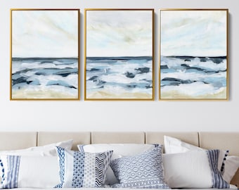 Modern Coastal Decor | Ocean Print in Blue & White Seascape for Beach House | "Blue Seascape Horizon" - Set of 3 - Art Prints or Canvases