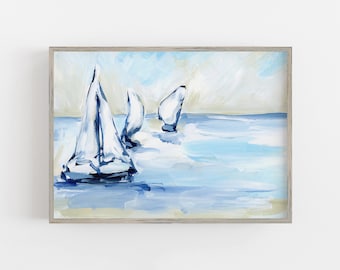 Sailing Boats Sailboat Painting Modern Beach House Decor Light and Fresh Coastal Wall Art | "Sailboats on the Bay" - Art Print or Canvas