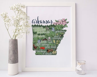 Arkansas State Map Gift Drawing Illustration Hometown Landmark Southern Decor Wall Art Print or Canvas