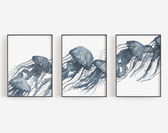 Blue Jellyfish Wall Print Sea Creature Triptych Beach Print | "Watercolor Blue Jellyfish Triptych" - Set of 3  - Art Prints or Canvases