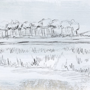 May include: A black and white pencil drawing of a row of trees along a riverbank. The trees are drawn with simple lines and the river is represented by a dark line.