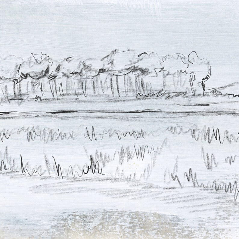 May include: A black and white pencil drawing of a row of trees along a riverbank. The trees are drawn with simple lines and the river is represented by a dark line.