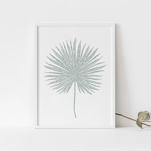 Palm Leaf Print | Palm Fan Frond Tropical Plant Botanicals in Green & White Modern Wall Art | &quot;Palm Fan Frond Study&quot; - Art Print or Canvas