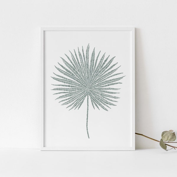 Palm Leaf Print Palm Fan Frond Tropical Plant Botanicals Modern Green and White Wall Art | "Palm Fan Frond Study" - Art Print or Canvas