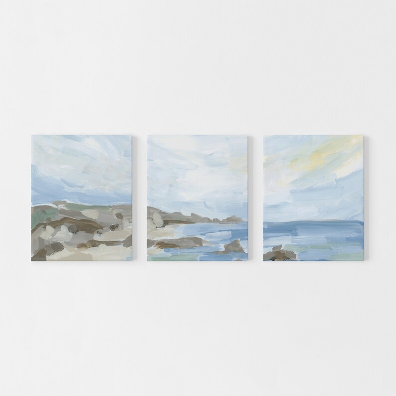Beach Landscape Painting Set Seascape Artwork Statement Beach House Triptych Coastline in the Morning Set of 3 Art Print or Canvases image 3