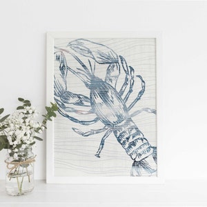 Lobster Print Modern Nautical Decor Coastal Artwork Blue and Gray Wall Art | "Nautical Lobster Watercolor" - Art Print or Canvas
