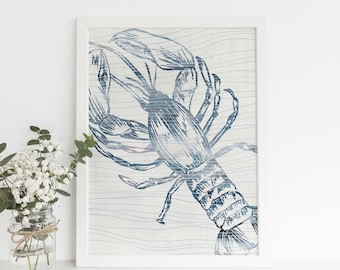 Lobster Print Modern Nautical Decor Coastal Artwork Blue and Gray Wall Art | "Nautical Lobster Watercolor" - Art Print or Canvas