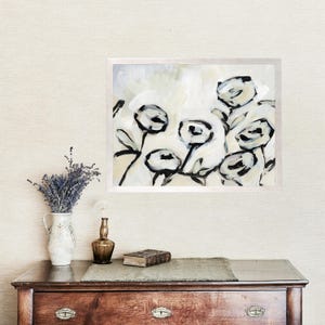Modern Rose Painting | Black, Cream, White Minimalist Flower Artwork | &quot;A Rose Grouping&quot; - Large Floral Print - Art Print or Canvas