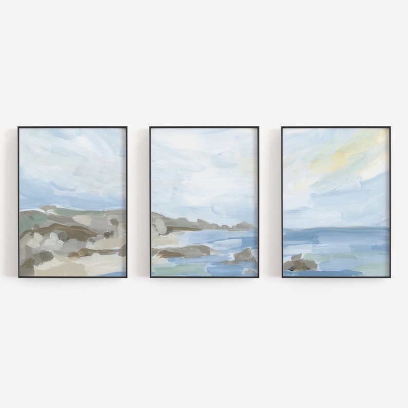 Beach Landscape Painting Set Seascape Artwork Statement Beach House Triptych Coastline in the Morning Set of 3 Art Print or Canvases image 1