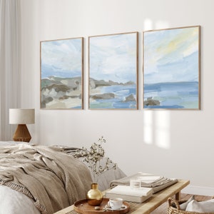 Beach Landscape Painting Set Seascape Artwork Statement Beach House Triptych Coastline in the Morning Set of 3 Art Print or Canvases image 5